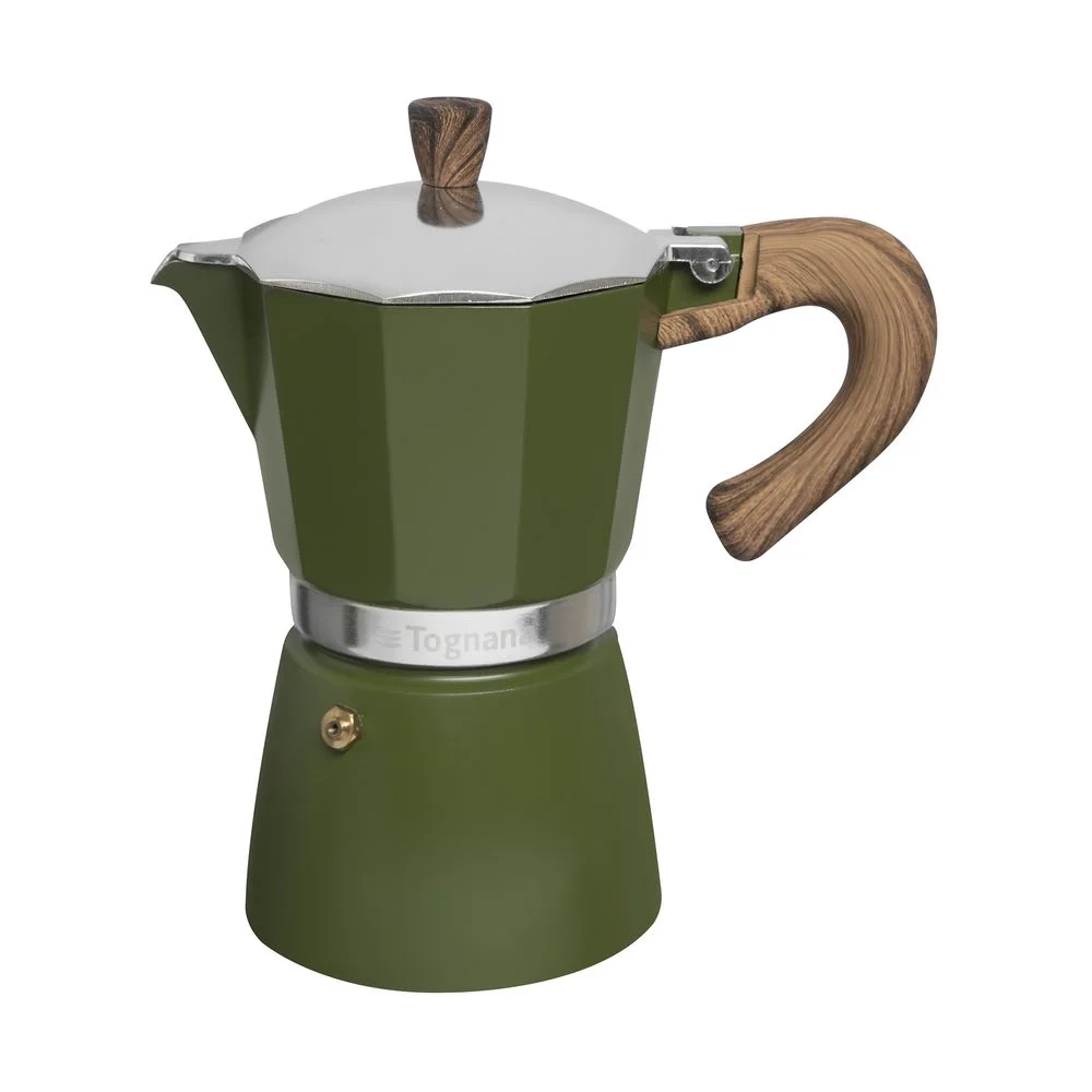 Cafeteira Italiana Tognana Jungle Verde com cabo soft touch e corpo em alumínio